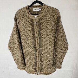 Harley Of Scotland Tan Beige Merino Wool Button Front Crew Neck Cardigan L Boho